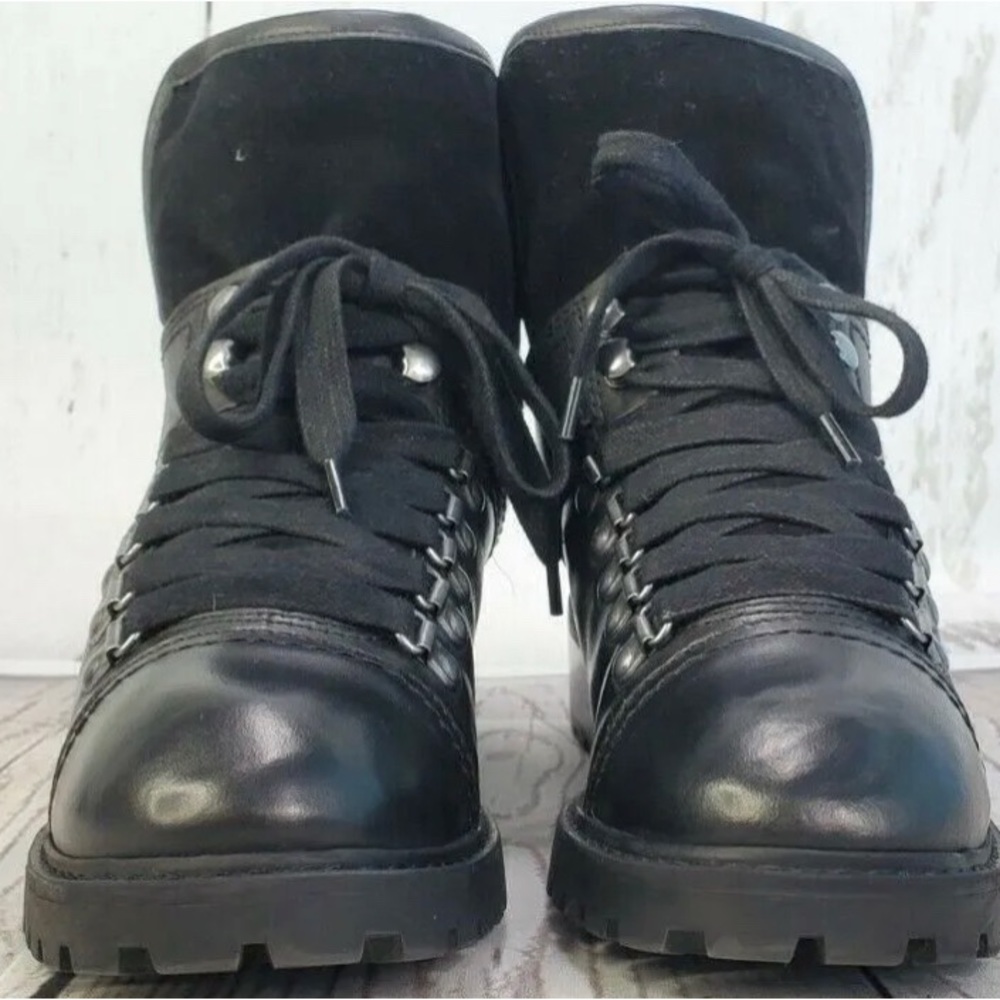 FRYE and Co Anise Hiker Combat Boot, Women 8M, Black Leather & Suede.